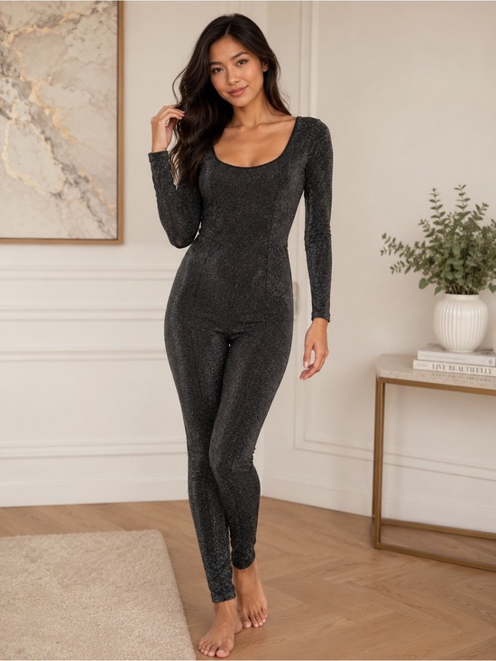 PINK Victoria's Secret Pants - PINK Victoria's Secret Black Sparkle Long-Sleeve Jumpsuit